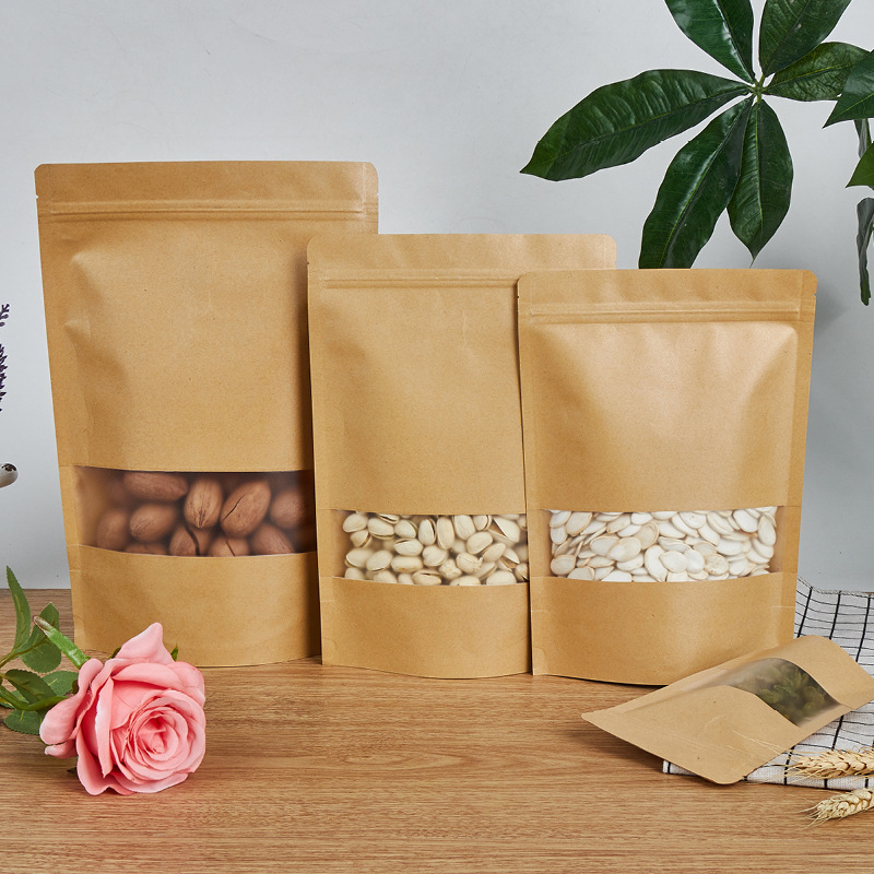 Frosted window Kraft paper bag packaging bag self-standing self-sealing bag Kraft paper bag tea nut Kraft paper bag