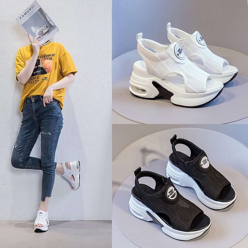 8cm Women's Sandals Black White Breathable Mesh Fly Woven Heightened Sandals Summer Breathable Wedge Sandals Women