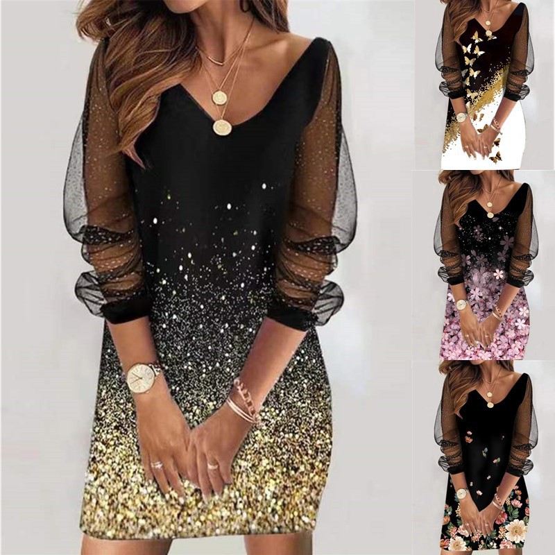 9757#2022 spring new cross-border Women's ebay Amazon Wish sequins perspective mesh ladies dress