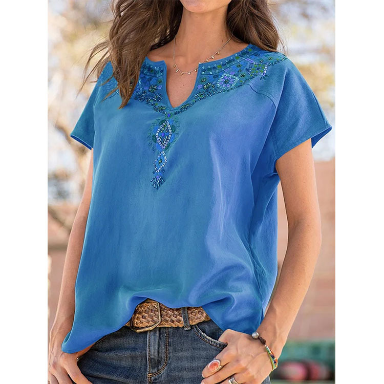 Independent Station Amazon Hot Selling 2022 Spring and Summer Cross-border Women's Clothing Loose Western Ethnic Style Top Short Sleeve T-shirt for Women