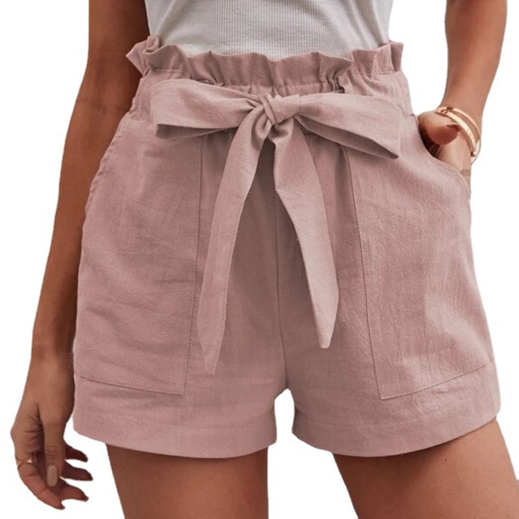 European and American Cross-border New Summer Bow Tie Women's Loose Casual Shorts Pocket Solid Color Large Size High Waist Wide Leg Pants