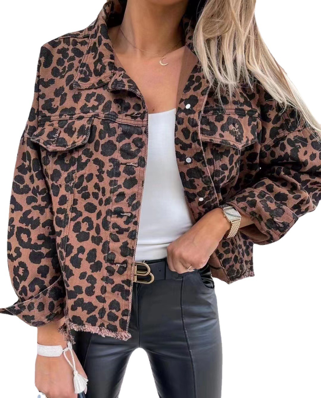 Spot 2023 Independent Station New Explosions Leopard Denim Jacket Fashionable Washed Dressed Old Tassel Denim Jacket for Women