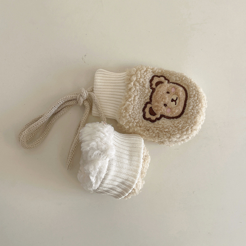 Autumn South Children's Gloves Winter Korean Style Cartoon Bear Lined Velvet Thickened Cute Warm Hanging Neck Baby Gloves