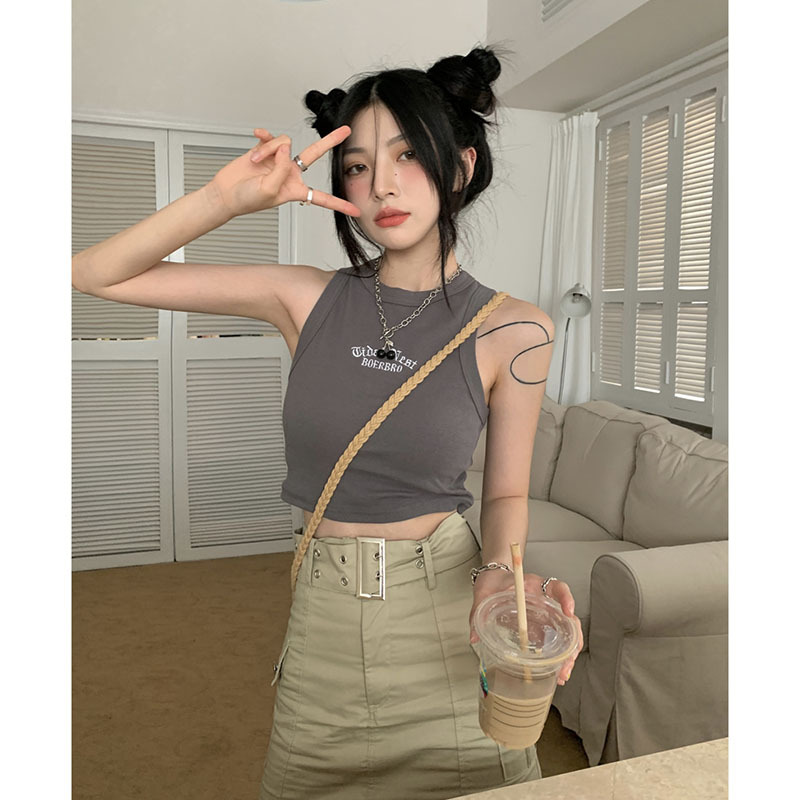 Spice Girls Wear Black Sports Embroidered Camisole Vest Women's Summer Short Knitted Base Sleeveless Short Top