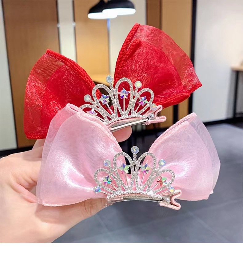 Children's Hair Accessories Princess Korean Crown Headwear Little Girl's New Year Hairpin Red Three-dimensional Bow Hairpin_voghion.com