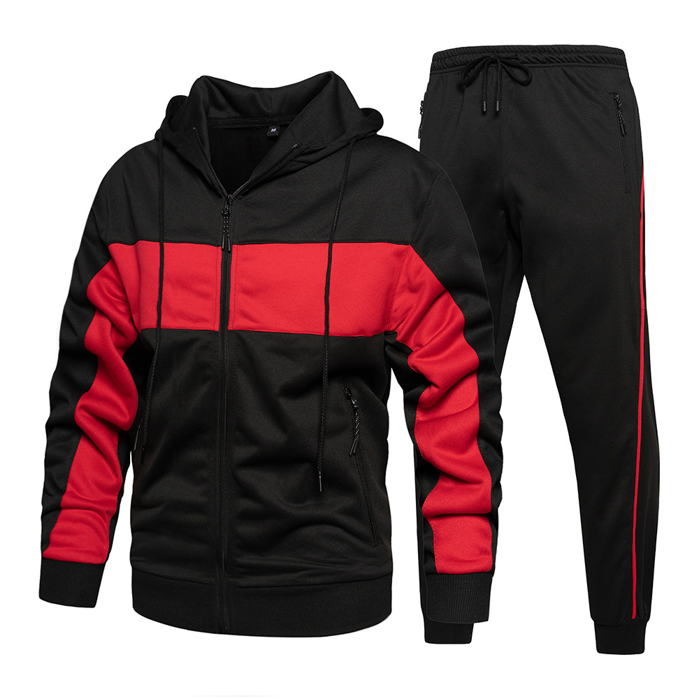 Autumn and Winter New Men's Casual Two-piece Cross-border Color-inserted Contrast Large Size Loose Cardigan Hooded Sports Suit