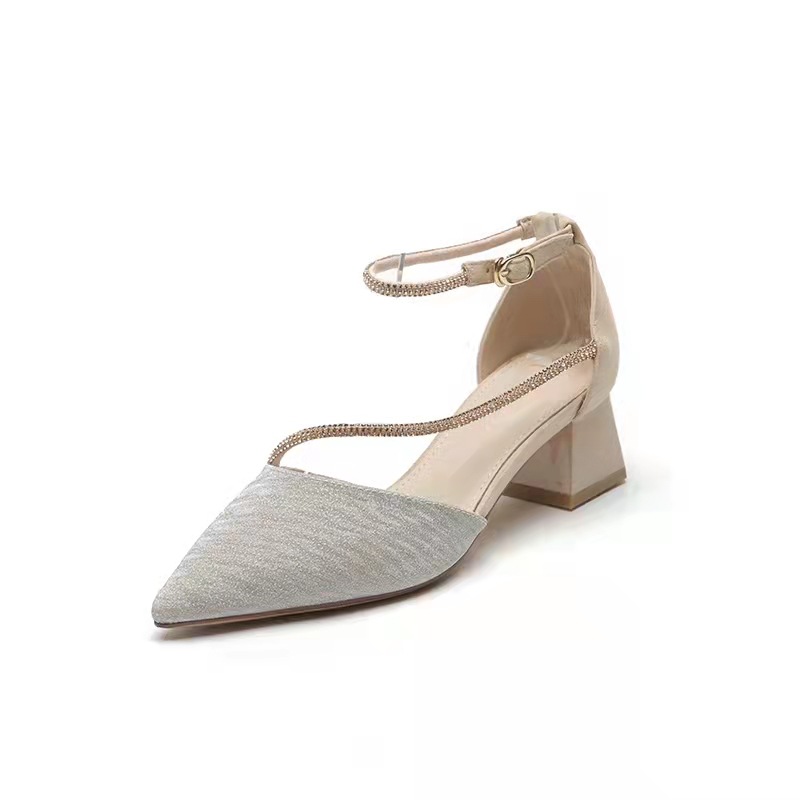 Chunky Heel High Heels Women's 2022 New Spring and Autumn Pointed One-character Buckle with Rhinestone Matching Skirt Mid Heel Single Shoes