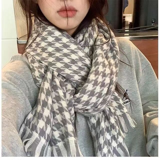 Houndstooth knitted scarf for women winter Korean style versatile student shawl outer wear warm scarf set classic fashion brand