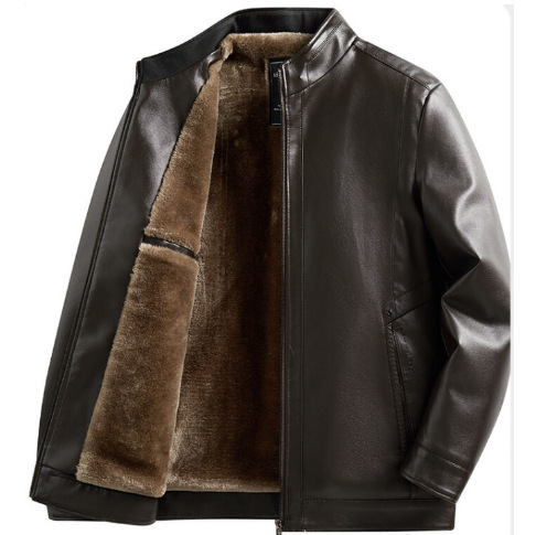 2023 Winter new men's stand collar fleece-lined leather coat men's coat winter thickened leather coat warm