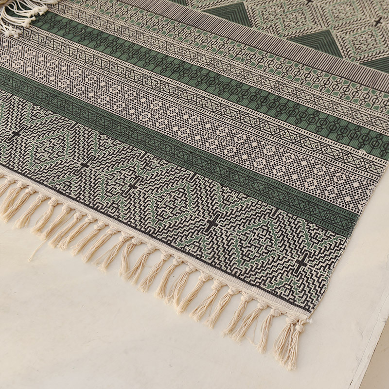 ins Bohemian Cotton and Linen Floor Mat Living Room Sofa Carpet Bedroom Bedside Foot Mat Long Tatami Mat Machine Washable