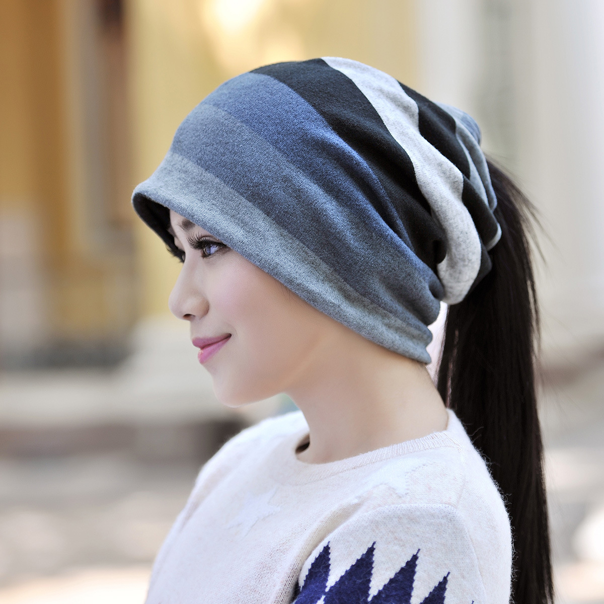 Tripeds Autumn and Winter Women's Double-layer Striped Wind-proof and Warm-keeping Dual-purpose Nightcap Fashion Moon Hat Birthday Hat
