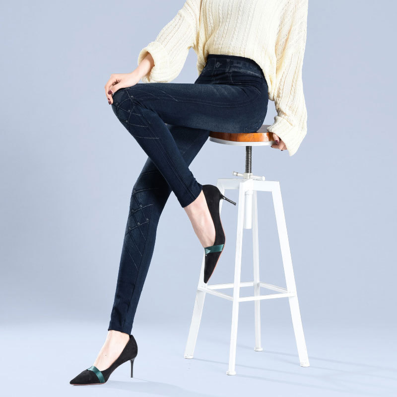 Autumn and Winter Outer Wear Leggings Women's fleece-lined Thick Imitation Denim Skinny Pants Middle-aged and Old Mother's Big Elastic Tight Pants
