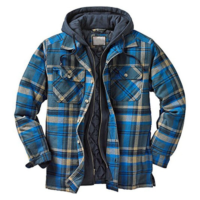 2020 foreign trade Men's European and American autumn and winter thick cotton plaid long sleeve loose hooded jacket