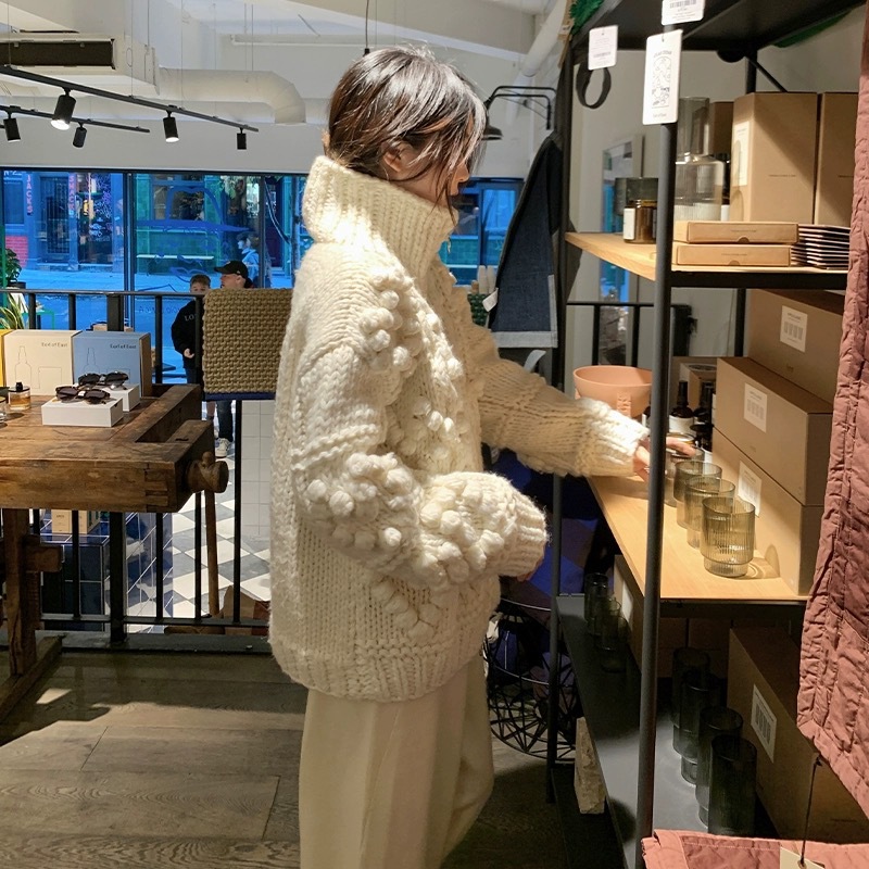 Autumn and Winter Design feeling lazy style loose thickened all-match turtleneck white handmade ball sweater coat knitted cardigan_voghion.com