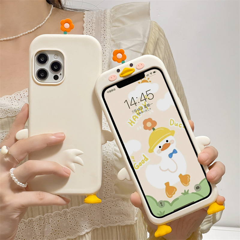可愛立體花朵鴨子適用iphone15Promax蘋果13/14手機殼11/12硅膠女