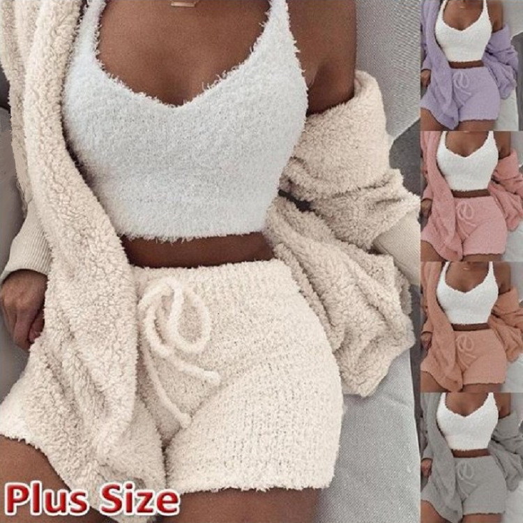 in stock Cross-border Women's Clothing Europe and America 2022 Autumn and Winter Plush Home Clothes Casual Three-piece Jacket Long-sleeved Navel Vest