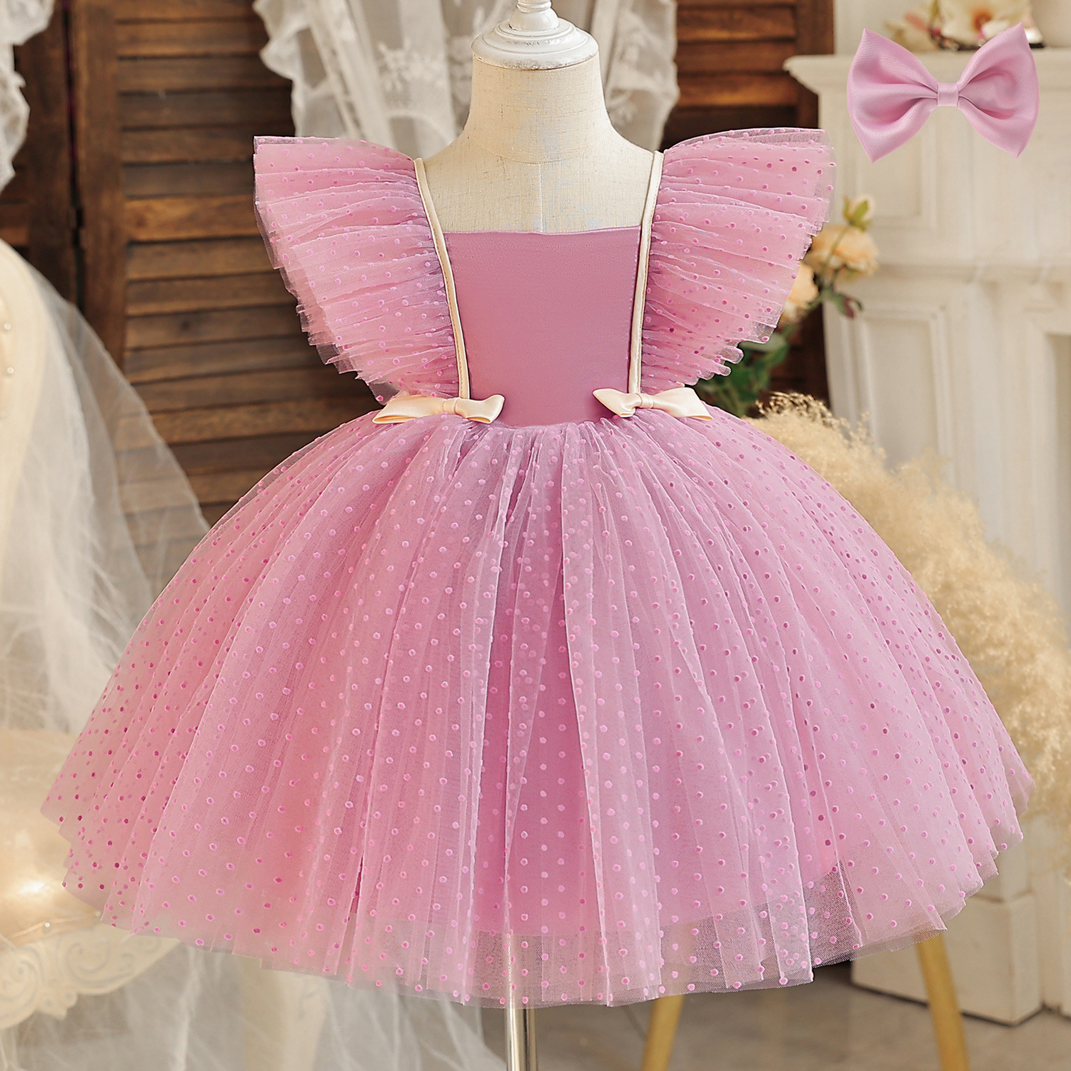 Amazon Summer New Children's Dress Girls' Flying Sleeves Polka Dot Mesh Princess Dress Children's Performance Dress Tutu Dress