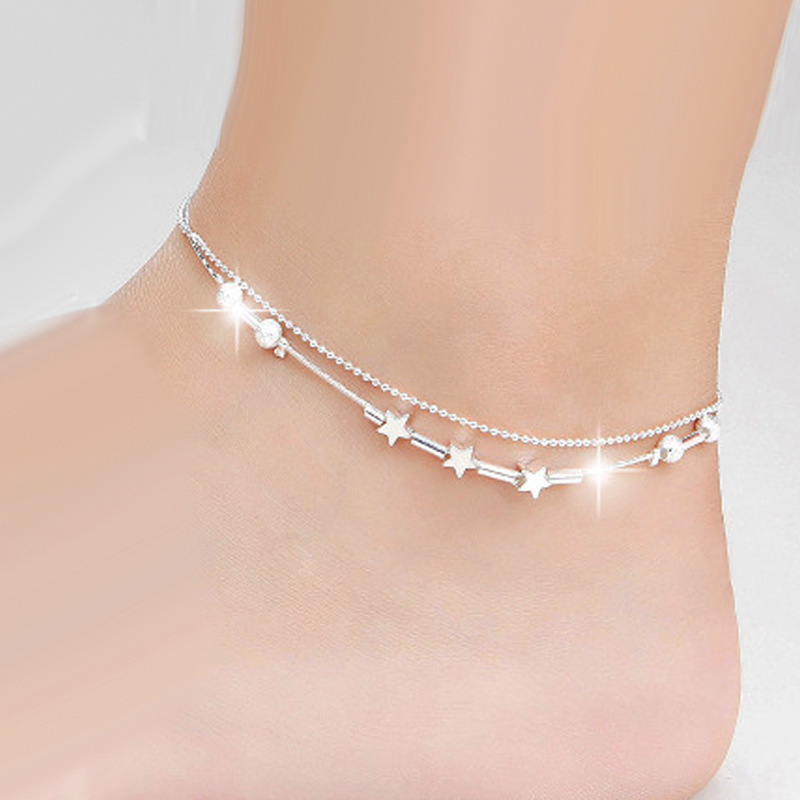 Little Red Book Online Celebrity Hot Selling Women's Ankle Chain Light Luxury Fashion Korean Ankle Chain Silver Plated Double Layer Star Ankle Chain Wholesale