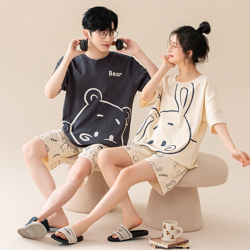[Antibacterial] Couple Pajamas Summer Cotton Men's and Women's Short Sleeve Cute Cartoon Casual Outwear suit