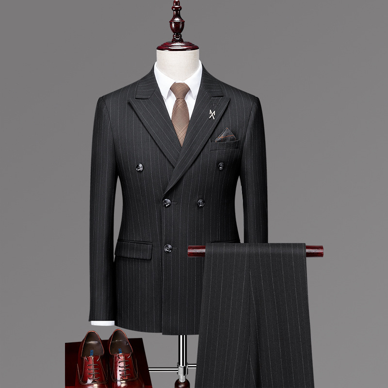 Groom Suit Men's Wedding Dress Korean Style Slim-fit Striped Double-breasted Suit Men's Suit Four Seasons Formal Suit