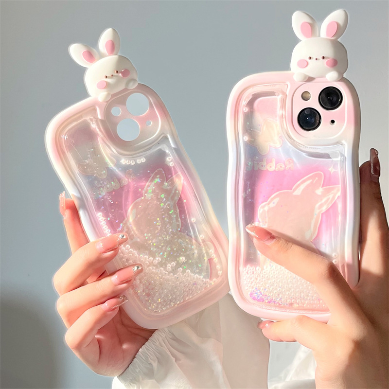 漸變愛心兔子流沙適用iphone15Promax蘋果13/14手機殼11/12立體軟