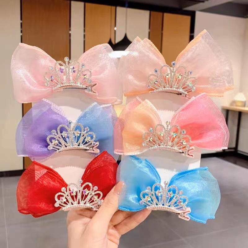 Children's Hair Accessories Princess Korean Crown Headwear Little Girl's New Year Hairpin Red Three-dimensional Bow Hairpin_voghion.com