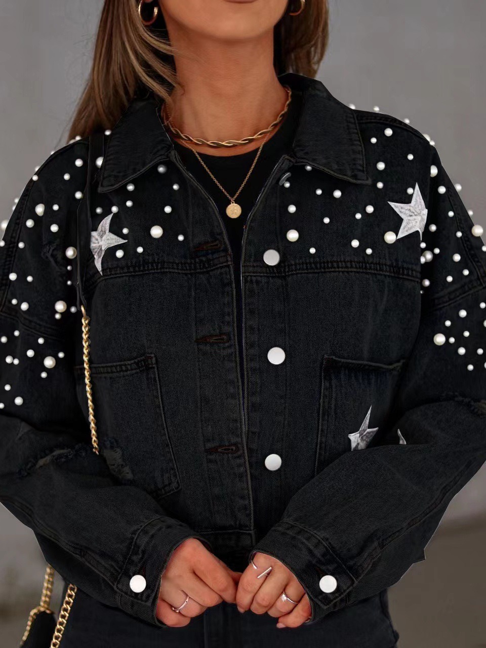 Fall/Winter 2023 European and American cross-border Amazon AliExpress fashion European and American heavy industry beaded women's loose Denim coat