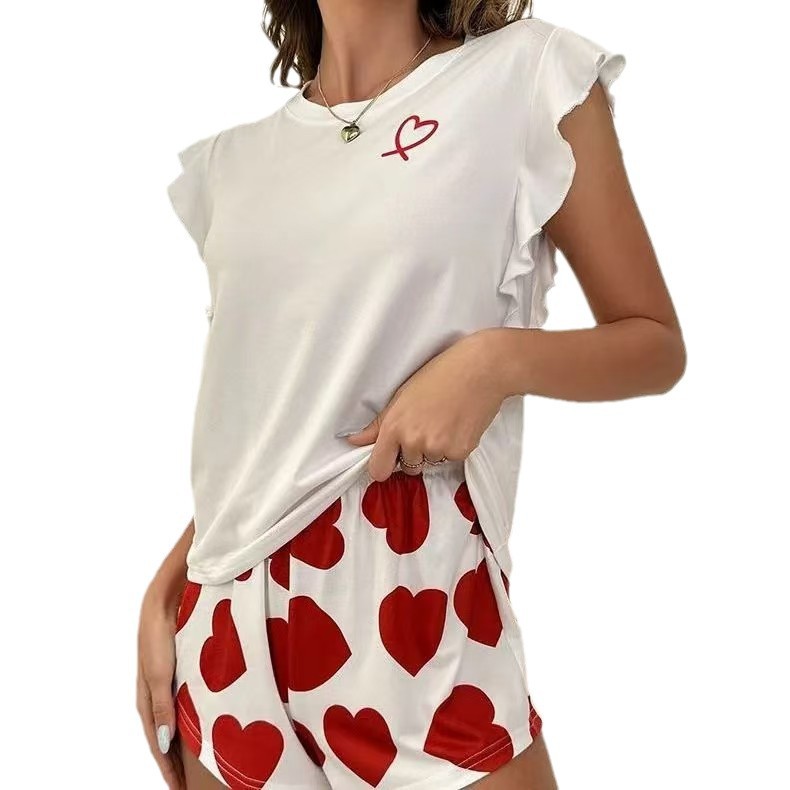 European and American Summer New Milk Silk Pajamas suit Women's Shorts Flying Sleeve Women's Home Clothes Outer Wearing Love Print