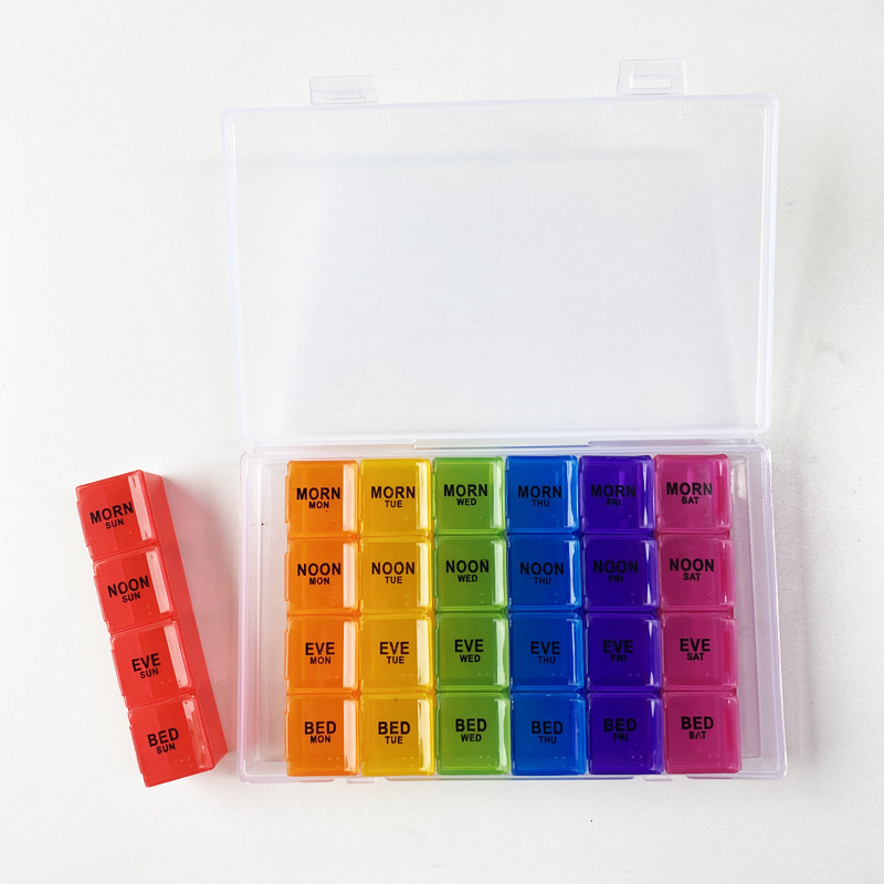 Spot manufacturers supply a week flip medicine box morning, middle and evening medicine box 4 rows of 28 rainbow color flip medicine box