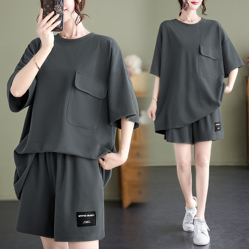 Short Sleeve suit women's fashion plus size casual chubby girl European style pocket design slimming shorts two-piece set for women