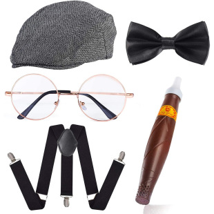 Gatsby Party Halloween Cosplay Props Woolen Newsboy Hat Glasses Fake Cigar Strap Bow Tie Set