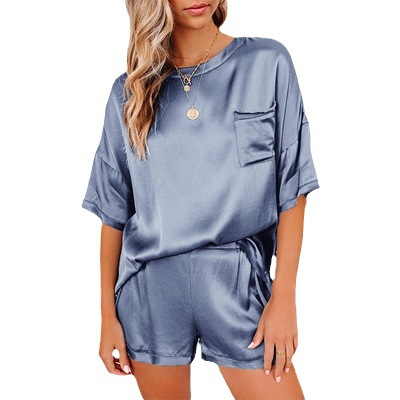 Spring and Summer 2024 European and American suit Solid Color Chiffon Sleeping Clothes Short Sleeve Short T-shirt Pants Loose Casual Two-piece Set