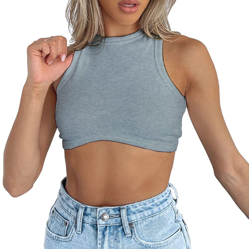 European and American Women's New Amazon Women's Sexy Sleeveless Round Neck Rib Knitted Vest Cropped Top