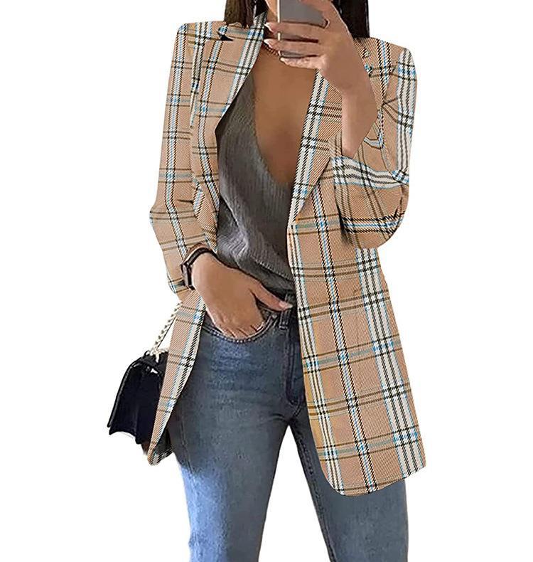 Amazon 2024 New European and American Fashion Plaid Casual Suit Lapel Slim Cardigan Suit Jacket for Women Spring and Autumn