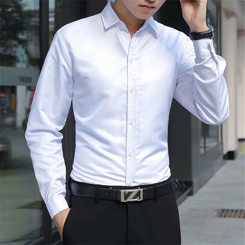 Solid Color Shirt Men's Non-ironing Large Size Breathable Business Casual Korean Style Slim-fit Shirt Professional Wear White Shirt Men's Long Sleeve