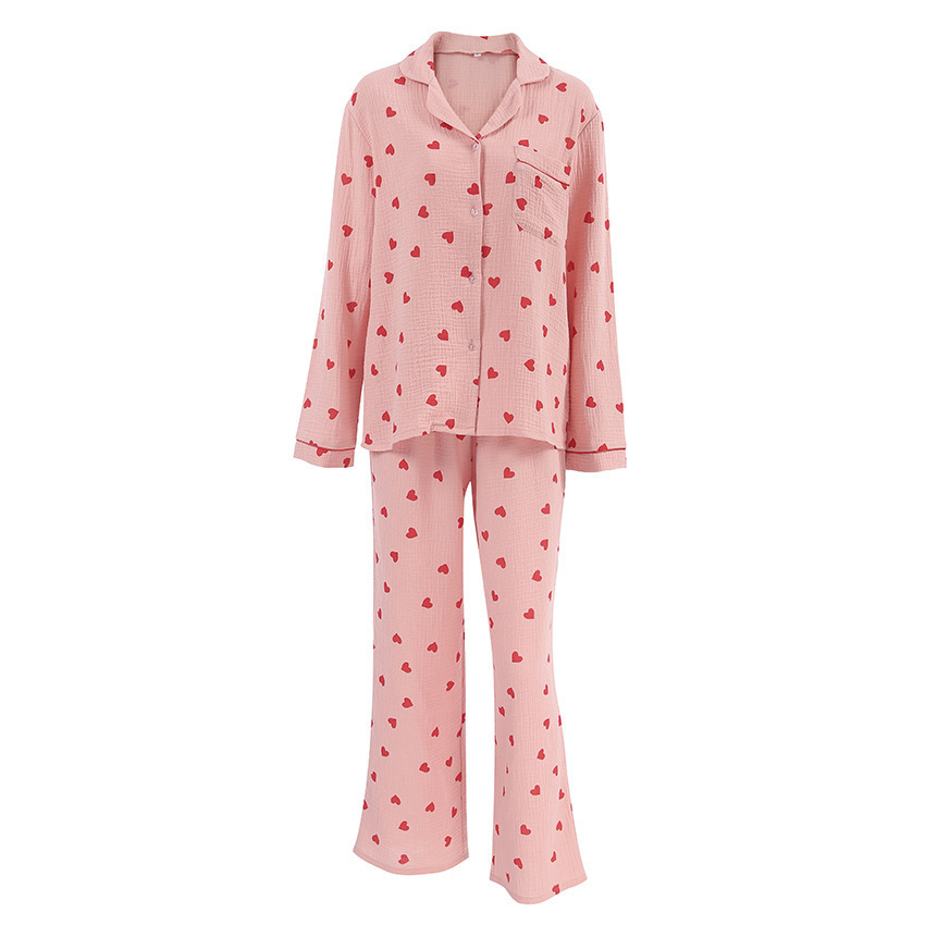 European and American Cross-border Printed Crepe Cotton Pajamas Loose Trousers Long-sleeved Skin-friendly Two-piece Home Clothes Women's 2025 Spring