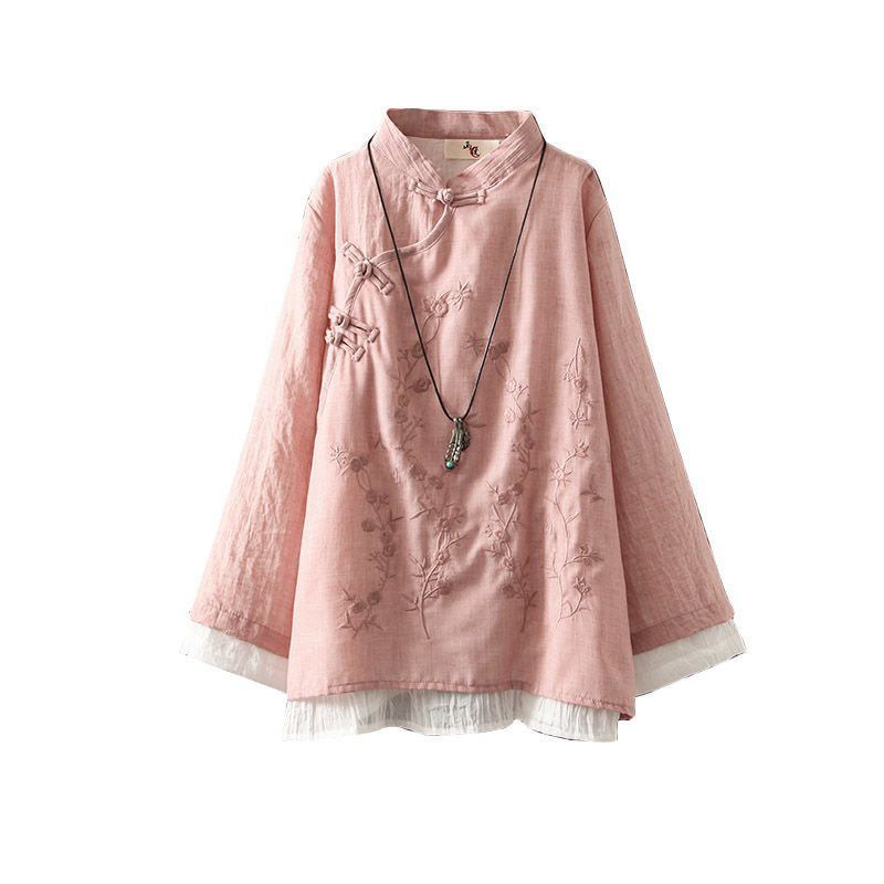Vintage Embroidered Buckle Cotton Shirt Women's 2025 Spring New Chinese Zen Tea Suit Loose Stitching Round Neck Top