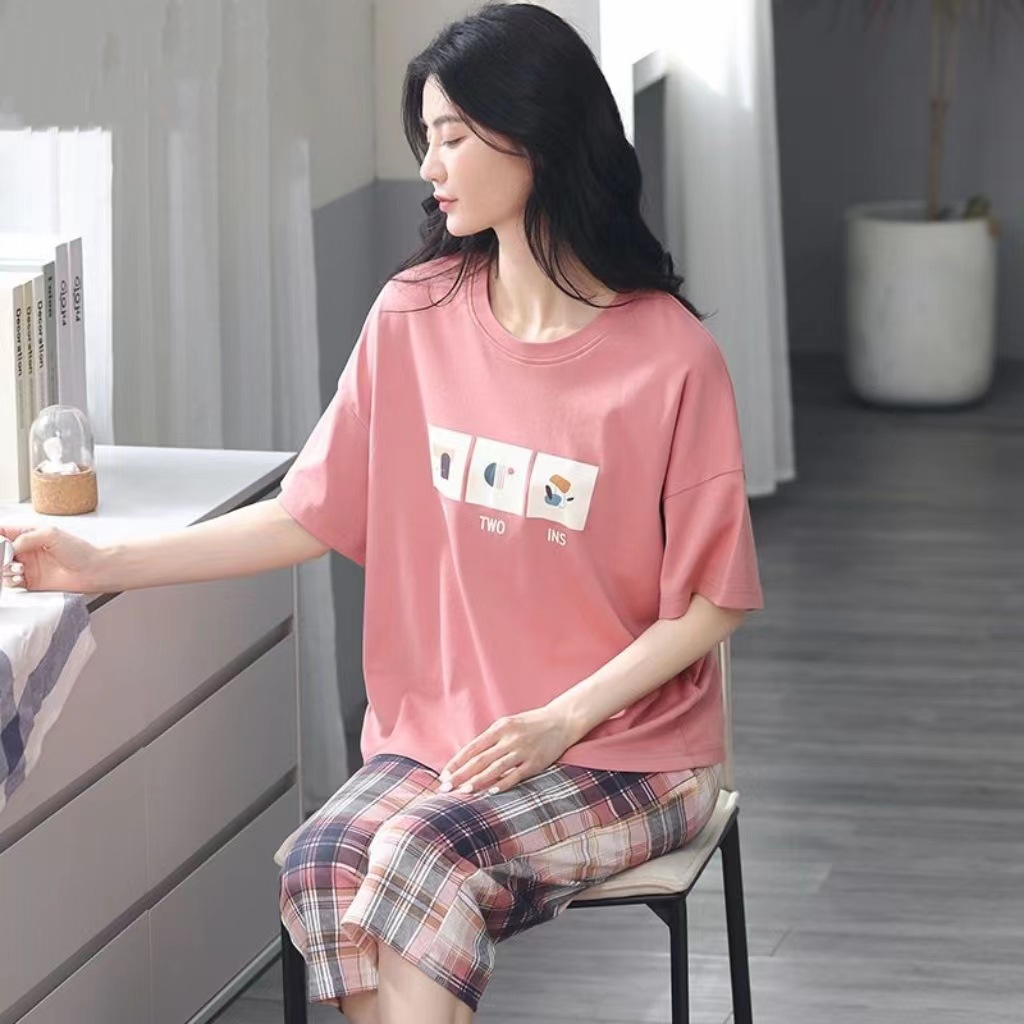 New short sleeve cropped pants pajamas women's summer simple Korean cartoon loose home clothes summer suit wholesale