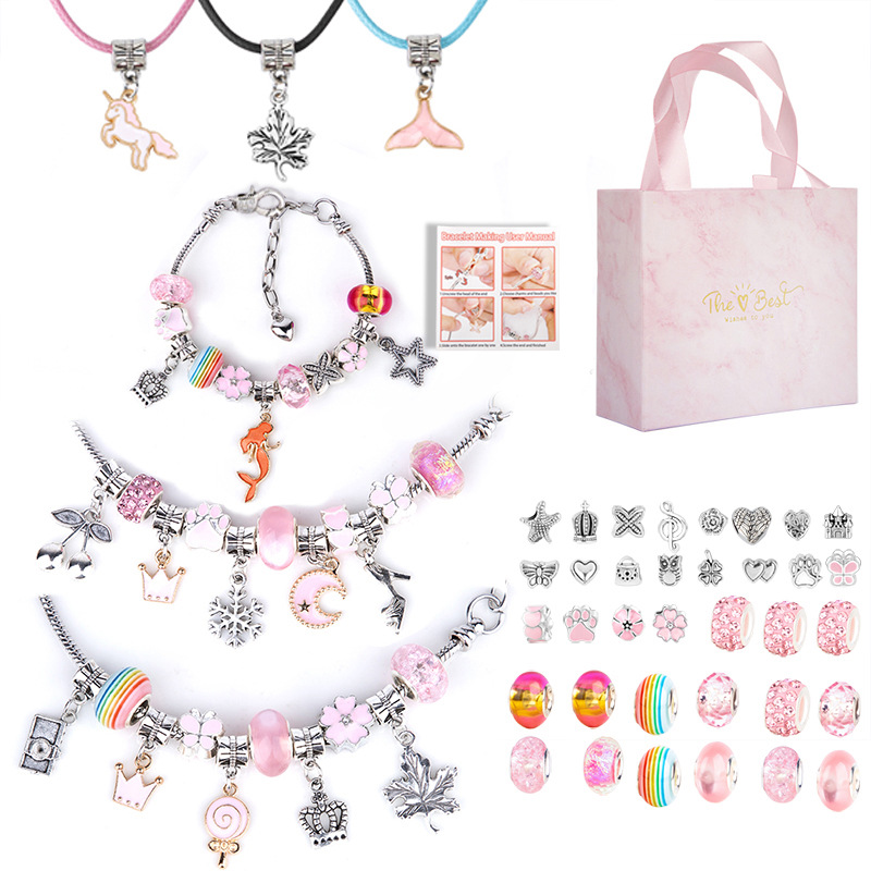 Amazon Hot Sale diy Children's Bracelet Set Cartoon Pink Mermaid Handmade Beaded Educational Gift Set