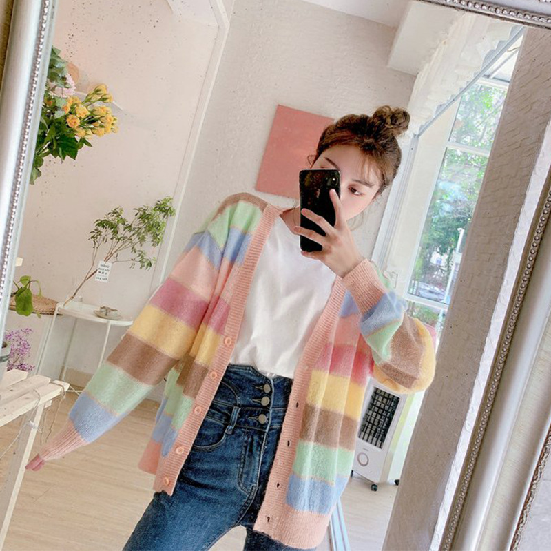 2023 Parent-Child Sweater Knitted Sweater Coat Fried Street Mother and Daughter Sisters Dress Western Style Rainbow Cyber Celebrity Parent-Child Dress Autumn Dress