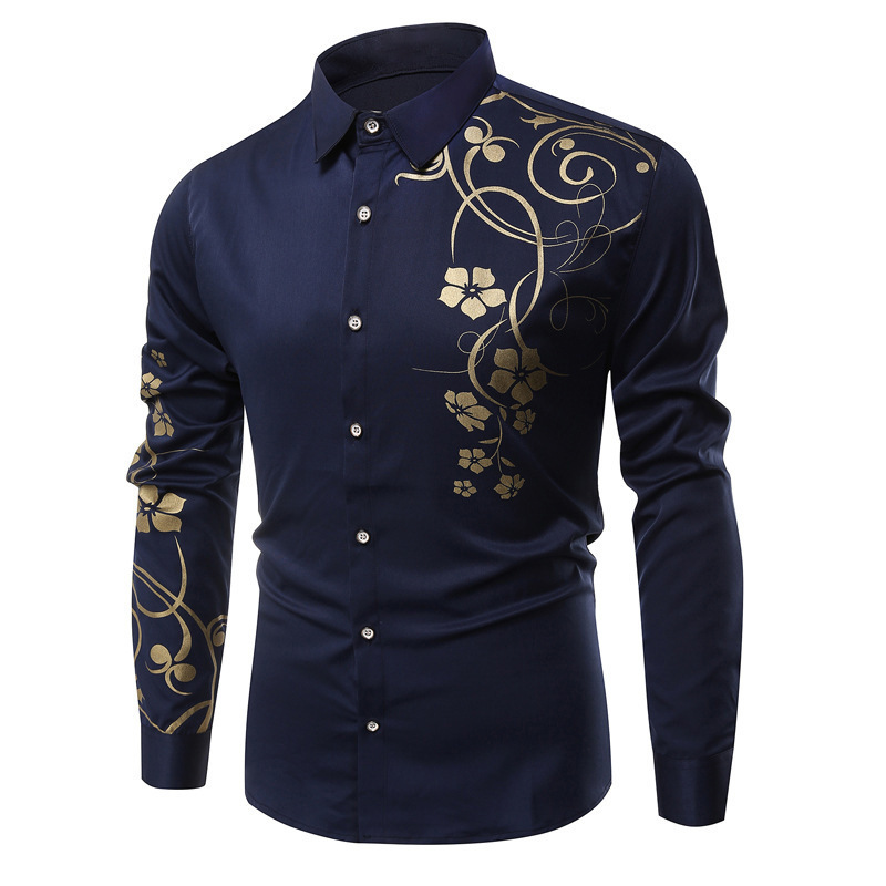 European and American new cross-border plus size men's simple shoulder printing business slim men's long-sleeved shirt fashion top