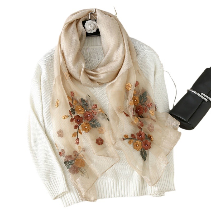 Silk scarf women's wool embroidered Begonia flower scarf long spring and autumn fashion middle-aged mom summer sun protection shawl