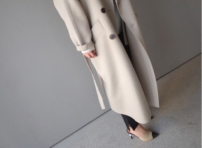 Cappotto di lana sopra il ginocchio stile Harajuku lungo e aderente in vita di Waitmore, in lana beige di media lunghezza, nuovo inverno 2023_voghion.com