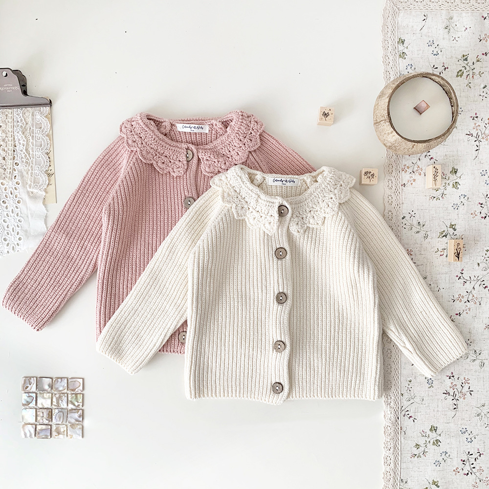 Cutemily autumn and winter cross-border baby girl hand hook lotus leaf collar cardigan baby girl thick vintage sweater coat