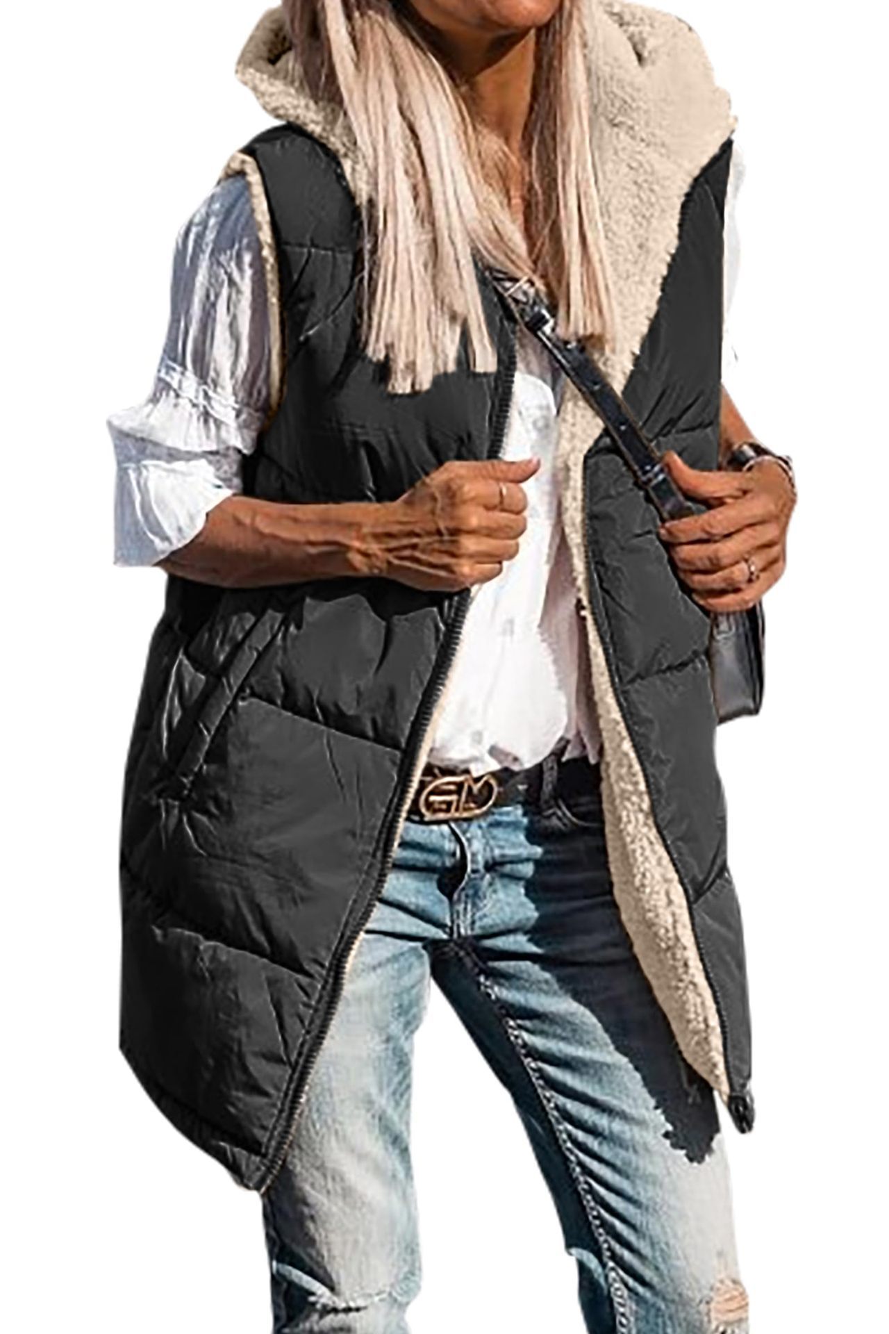In stock 2023 new European and American solid color hooded cotton-padded vest double-sided warm cardigan windproof coat_voghion.com