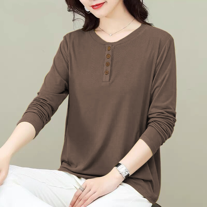 Autumn New Button T-shirt Women's Large Size Women's Casual Artistic Base Shirt Loose Slimming Top T-shirt Trendy