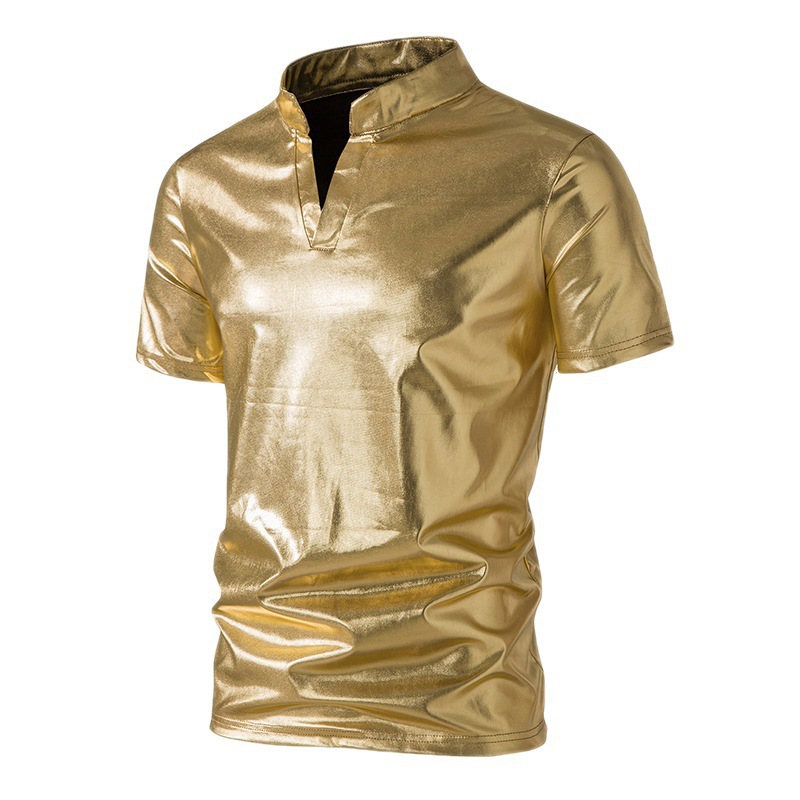 2023 foreign trade new nightclub style solid color bronzing men's casual short-sleeved V-neck T-shirt glossy Henry collar polo shirt