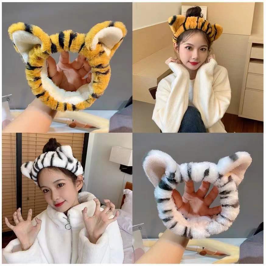 2023 Explosion Cartoon Cute Tiger Pattern Cat Ear Three-dimensional Hair Band Plush Face Wash Makeup Hair Accessories Hair Band