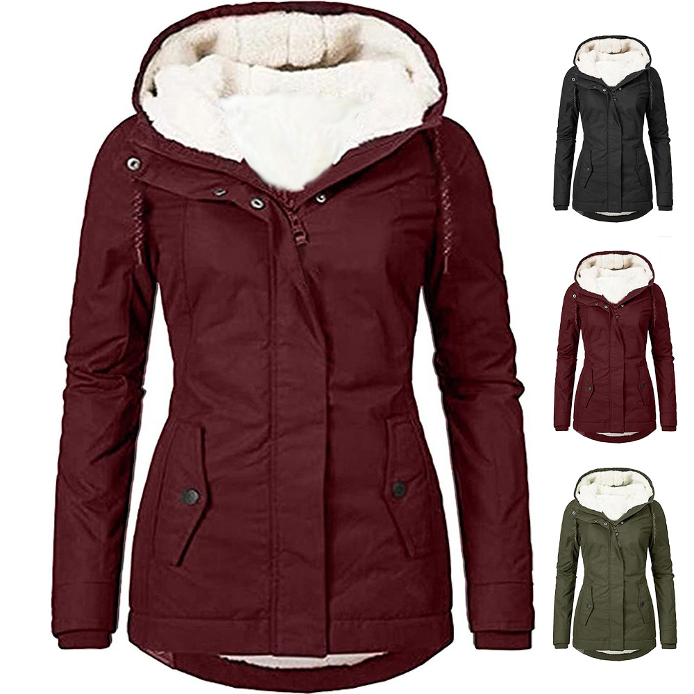 2021 cross-border Europe and the United States wish autumn and winter new women's coat solid color pocket zipper long sleeve velvet coat women