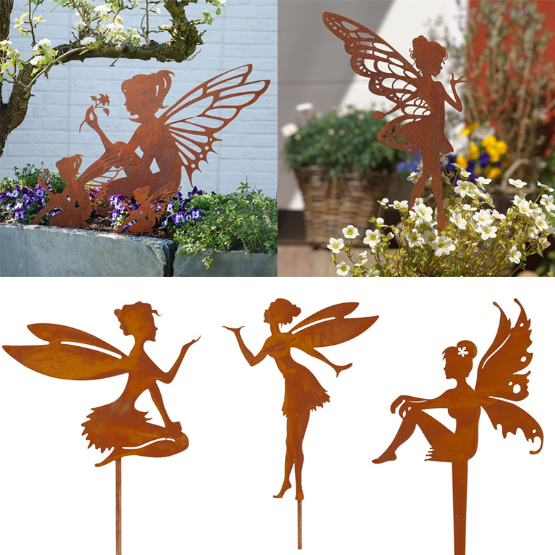 Outdoor Courtyard Ornaments Garden Elf Flower Fairy Decoration Metal Cutting Iron Silhouette Pendulum Independent Station Explosions